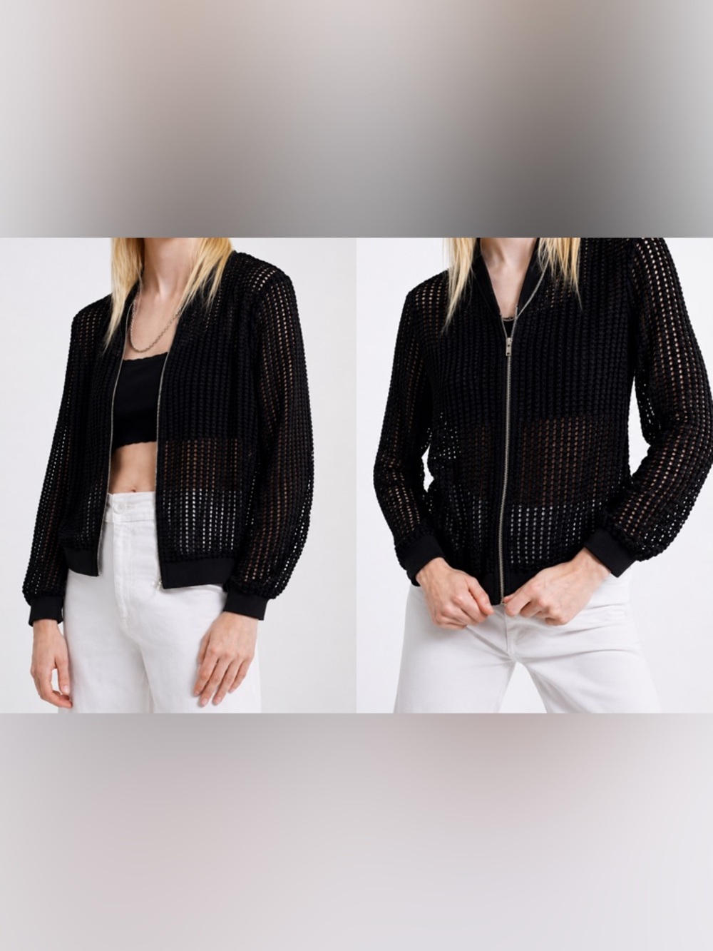ZARA Basic Black Mesh Bomber Jacket Size S Sheer Zip Lightweight Layering